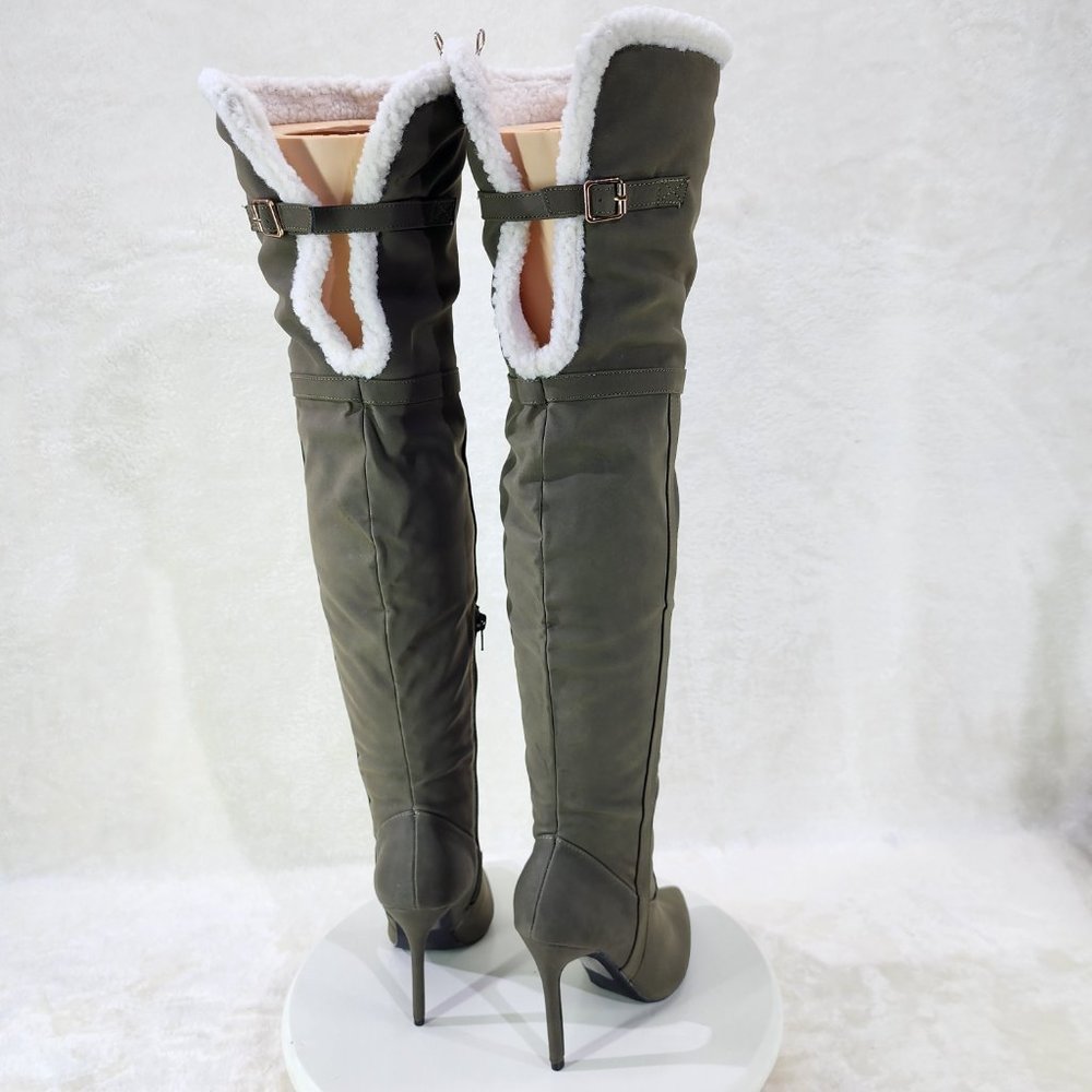 Olive Green Fluffy Fleece Lined Fold Under / Over the Knee Pointy Toe Boots - Picture 4 of 13
